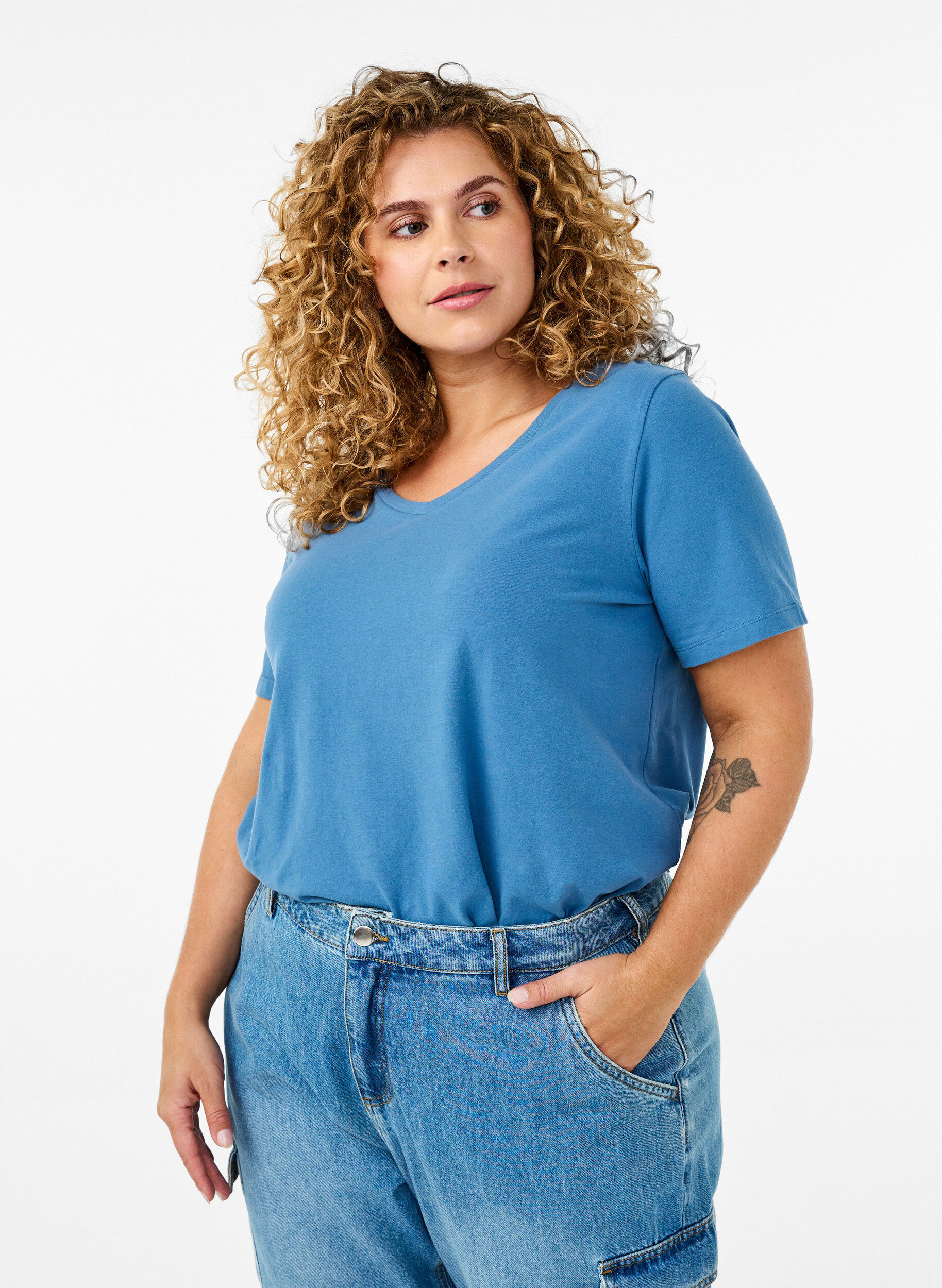 ZizziEffen basic T-shirt van katoen, Blauw, Model image number 0