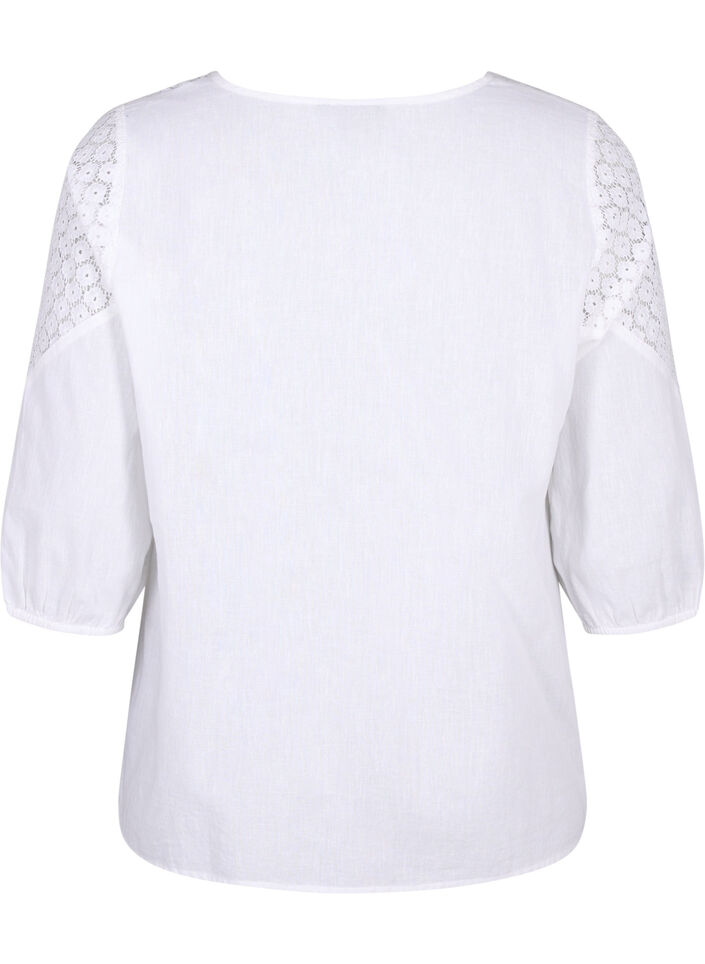 Blouse van katoenmix met linnen en gehaakt detail, Bright White, Packshot image number 1