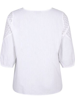 Blouse van katoenmix met linnen en gehaakt detail, Bright White, Packshot image number 1