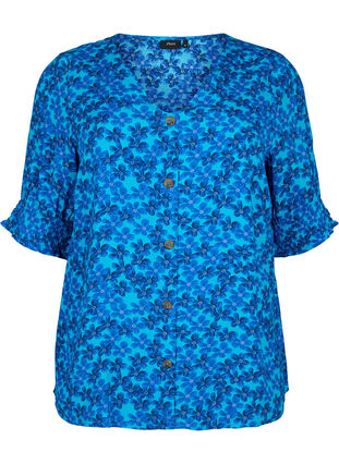 Viscose blouse met knopen, Blue Small Flower, Packshot image number 0