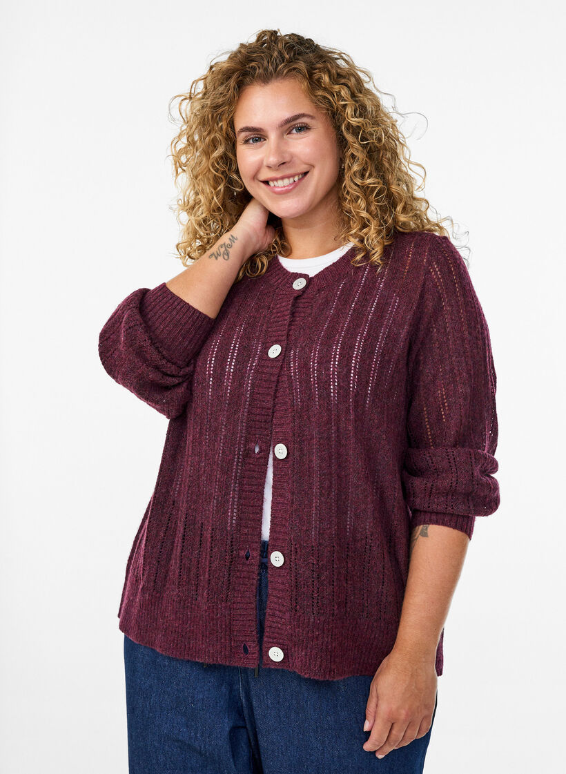 Cardigan en maille ajour&eacute;e, Bordeaux fonc&eacute;, Model image number 0