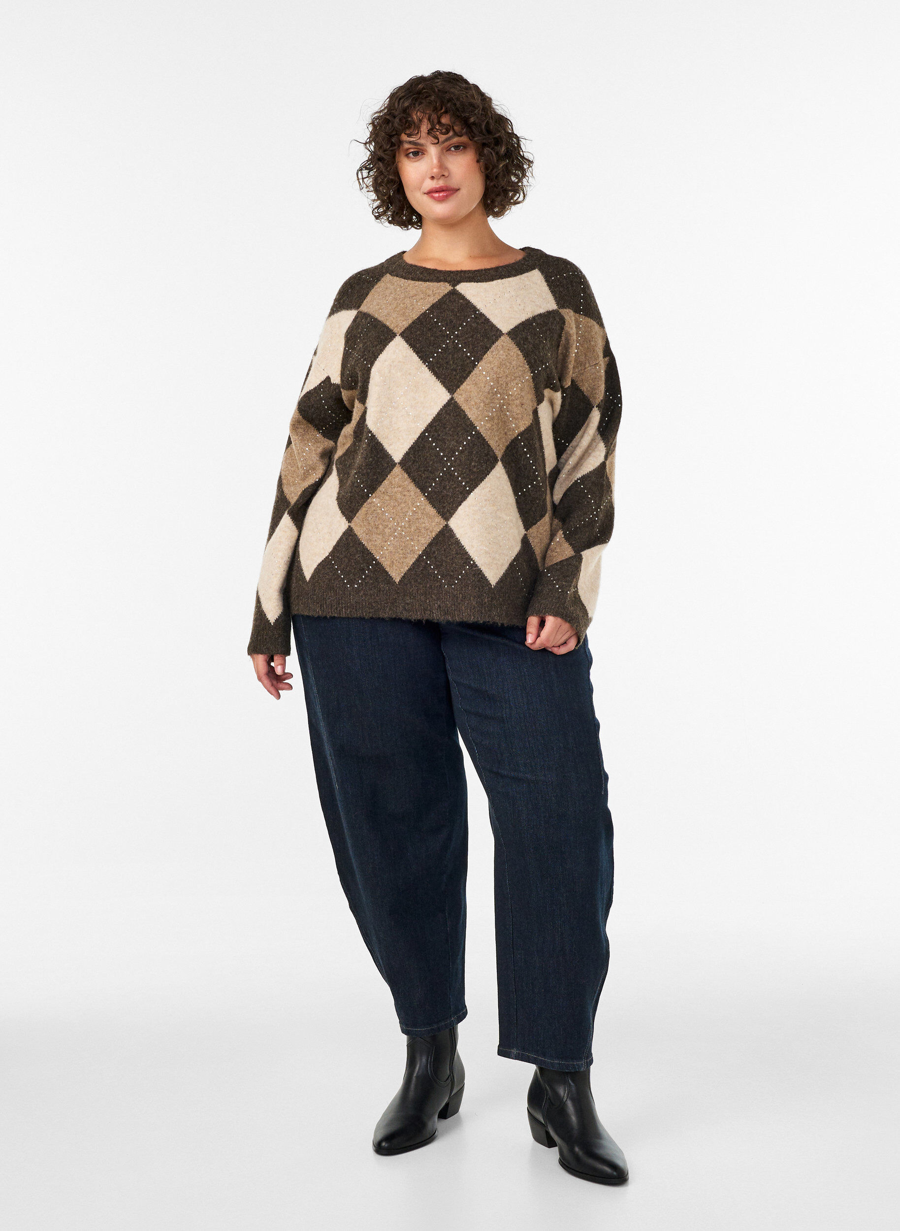 ZizziGebreide top met argylepatroon en rhinestones, Bruin, Model image number 1