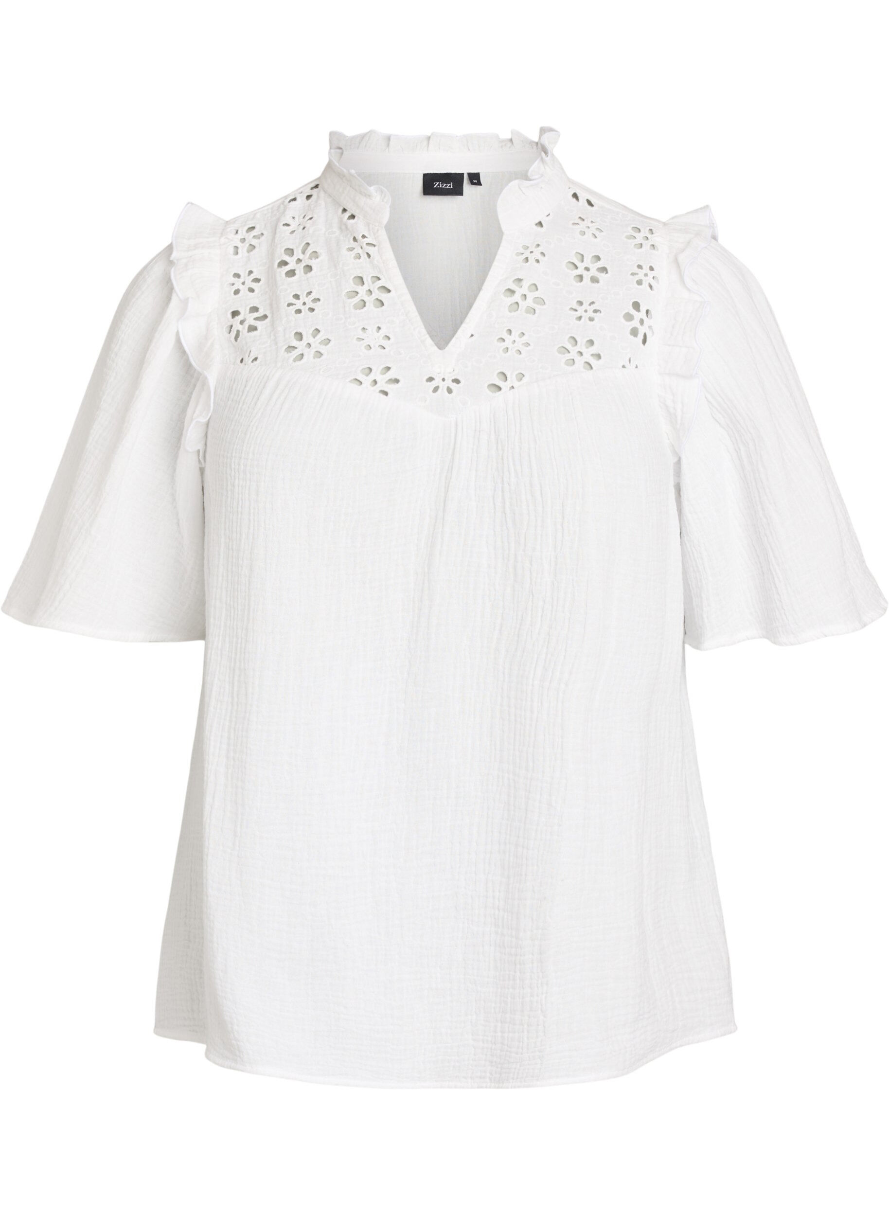 Blouse in katoen mousseline met broderie anglaise en 1/2 mouwen