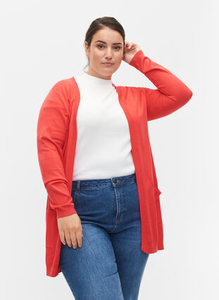 Long cardigan tricoté dans un mélange de viscose, Poppy Red, Model image number 0