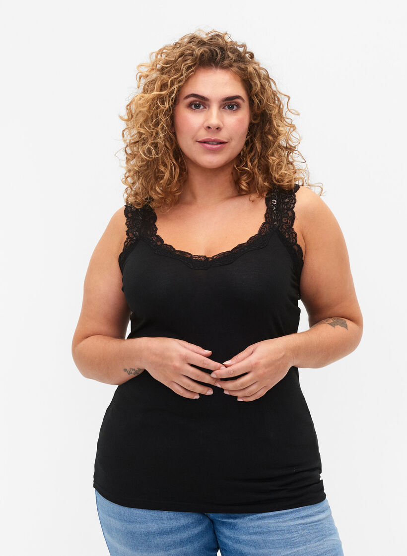 2-pack topjes met kant, Black / Black, Model image number 0