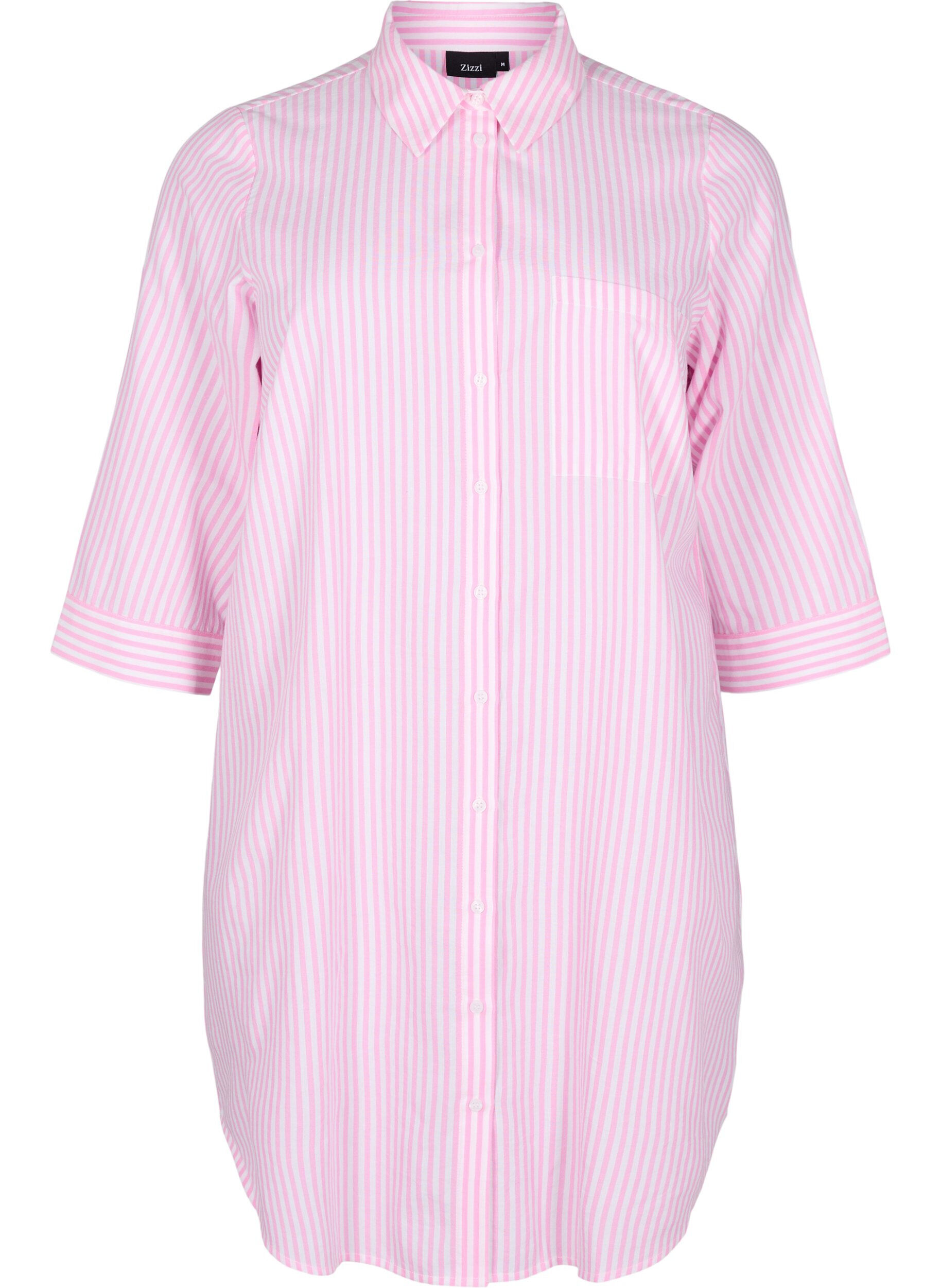Zizzi Chemise longue &agrave; rayures avec manches 3/4, Rose, Packshot image number 0