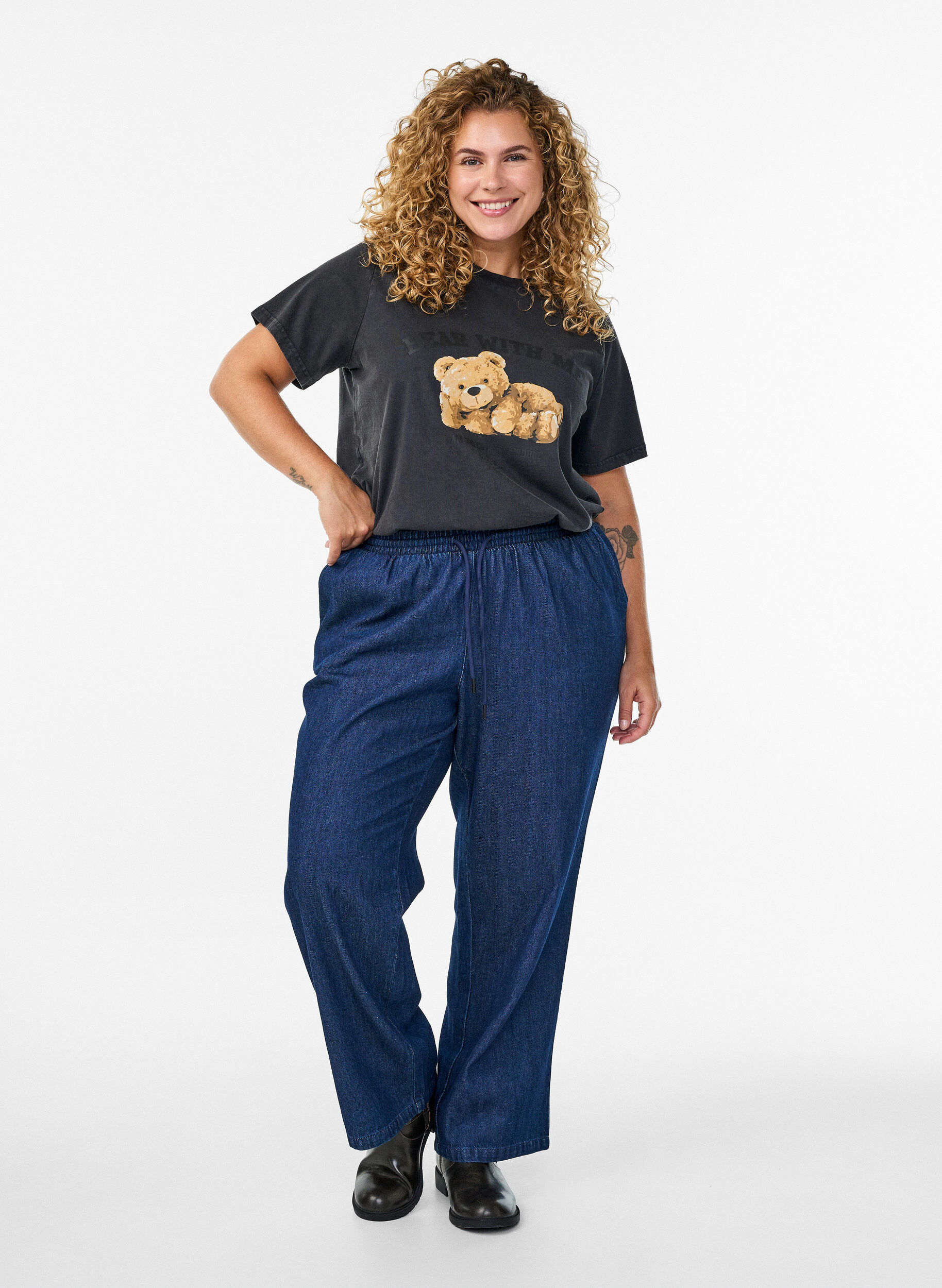 ZizziT-shirt met teddybeerprint en gewassen look, Grijs, Model image number 1