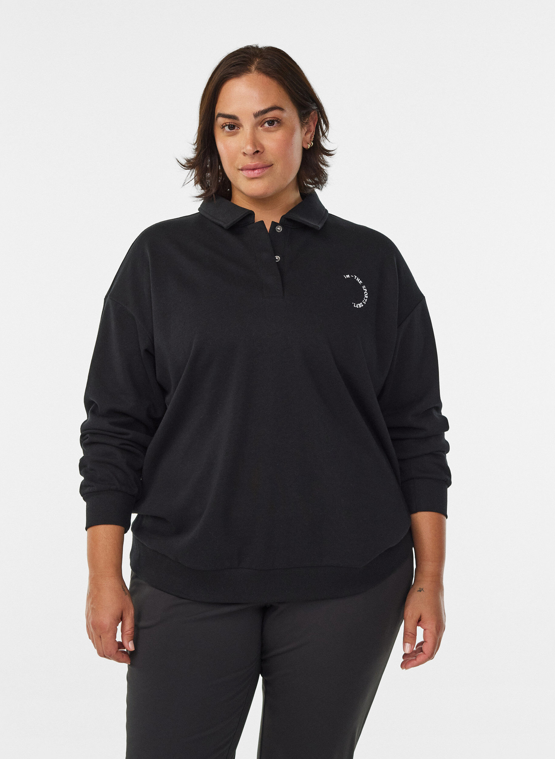 Sporty sweatshirt met kraag, Zwart, Model