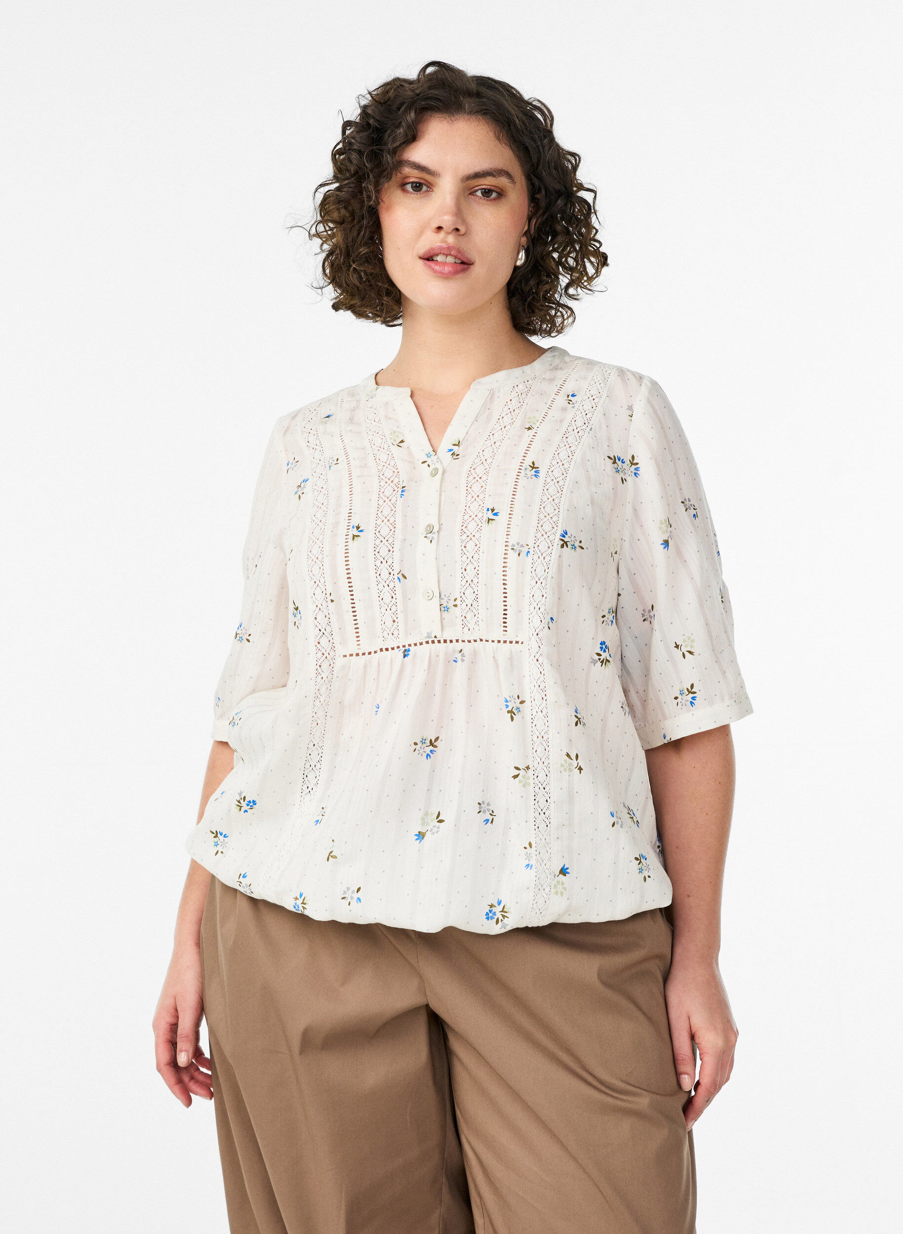 ZizziBlouse met print en 1/2 mouwen, Vanille, Model image number 0