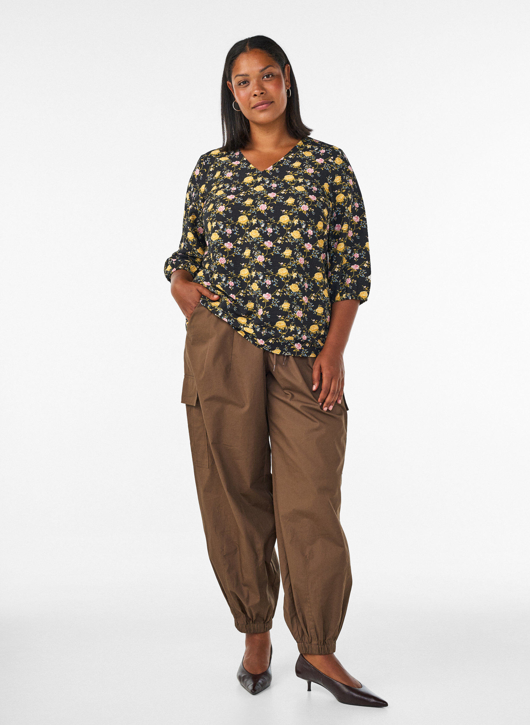 ZizziBlouse imprim&eacute;e en viscose avec manches 3/4, Noir, Model image number 1
