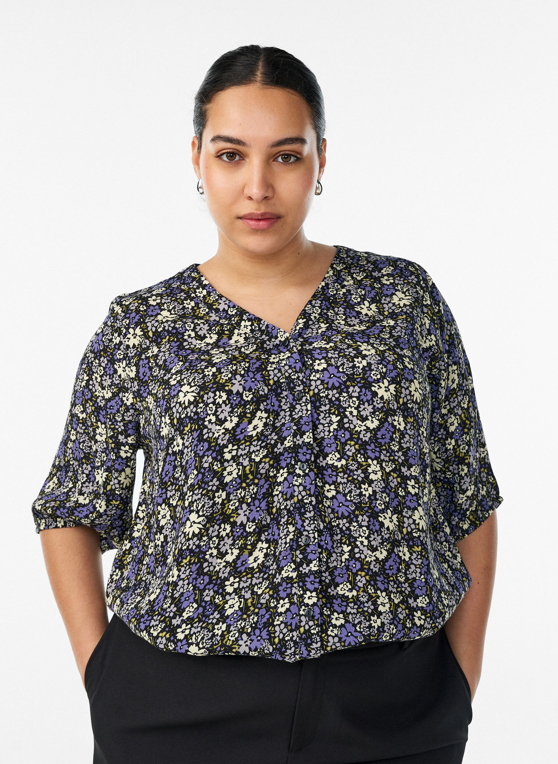 ZizziViscose blouse met print en knoopsluiting, Zwart, Model image number 0