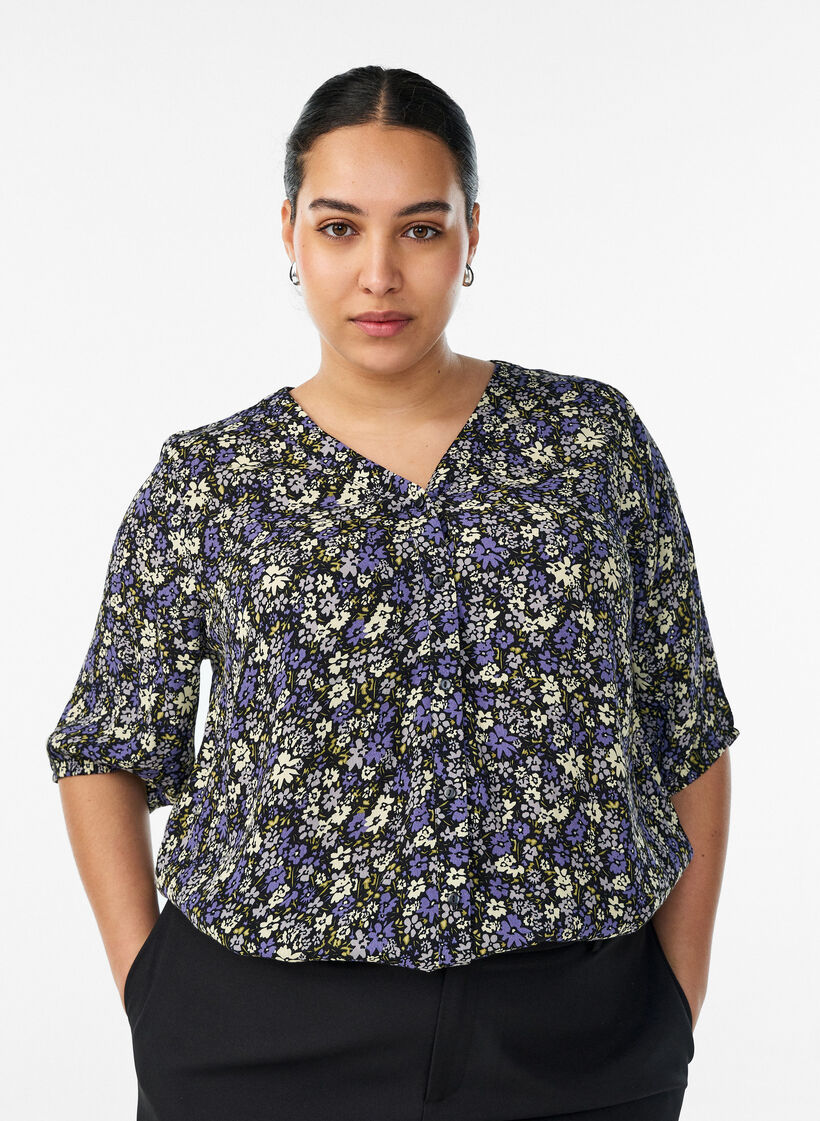 Viscose blouse met print en knoopsluiting, Zwart, Model image number 0