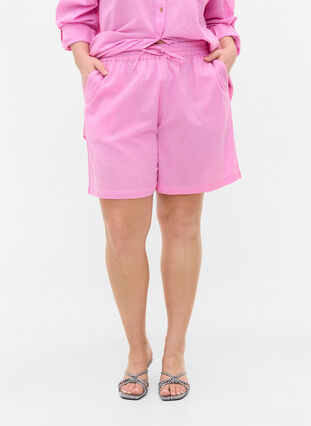 Short ample en coton mélangé avec du lin, Begonia Pink, Model image number 1