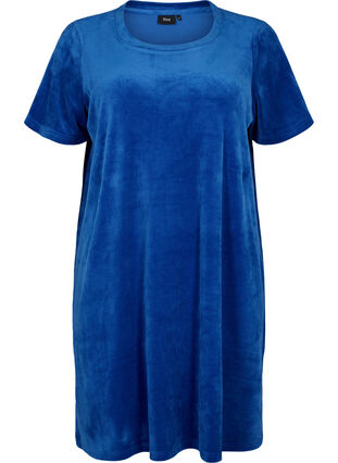  Velours jurk met korte mouwen en ronde halslijn	, Monaco Blue, Packshot image number 0