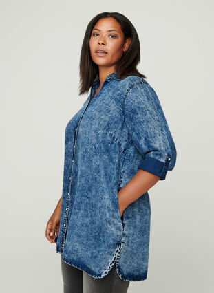 Lange blouse in lyocell, Denim blue stone wash, Model image number 0