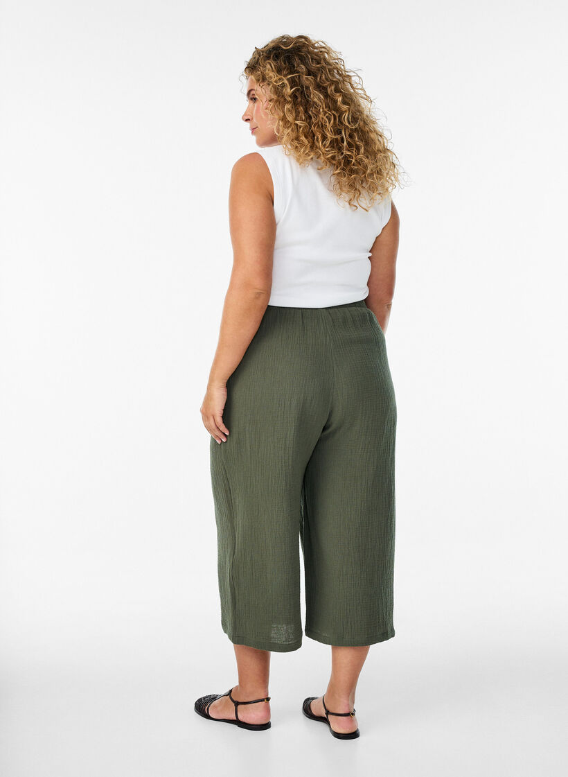Pantalon culotte en mousseline de coton avec taille haute, Vert, Model image number 1