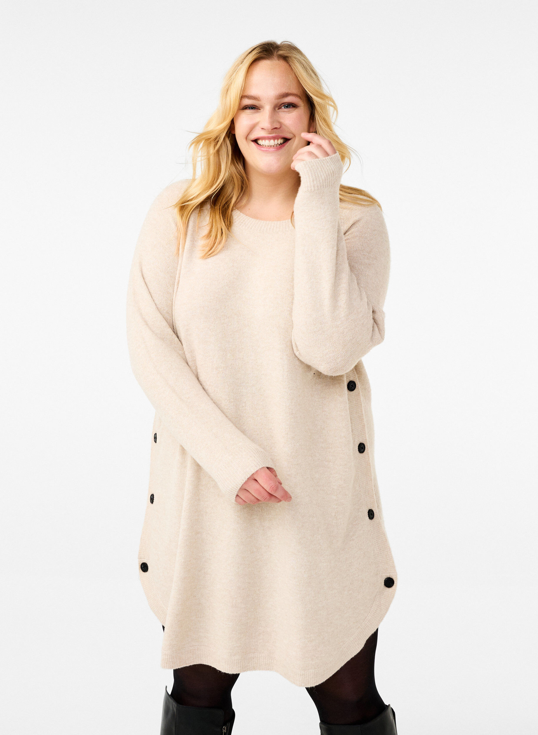 ZizziGebreide jurk met knopen, Pumice Stone Mel., Model image number 0