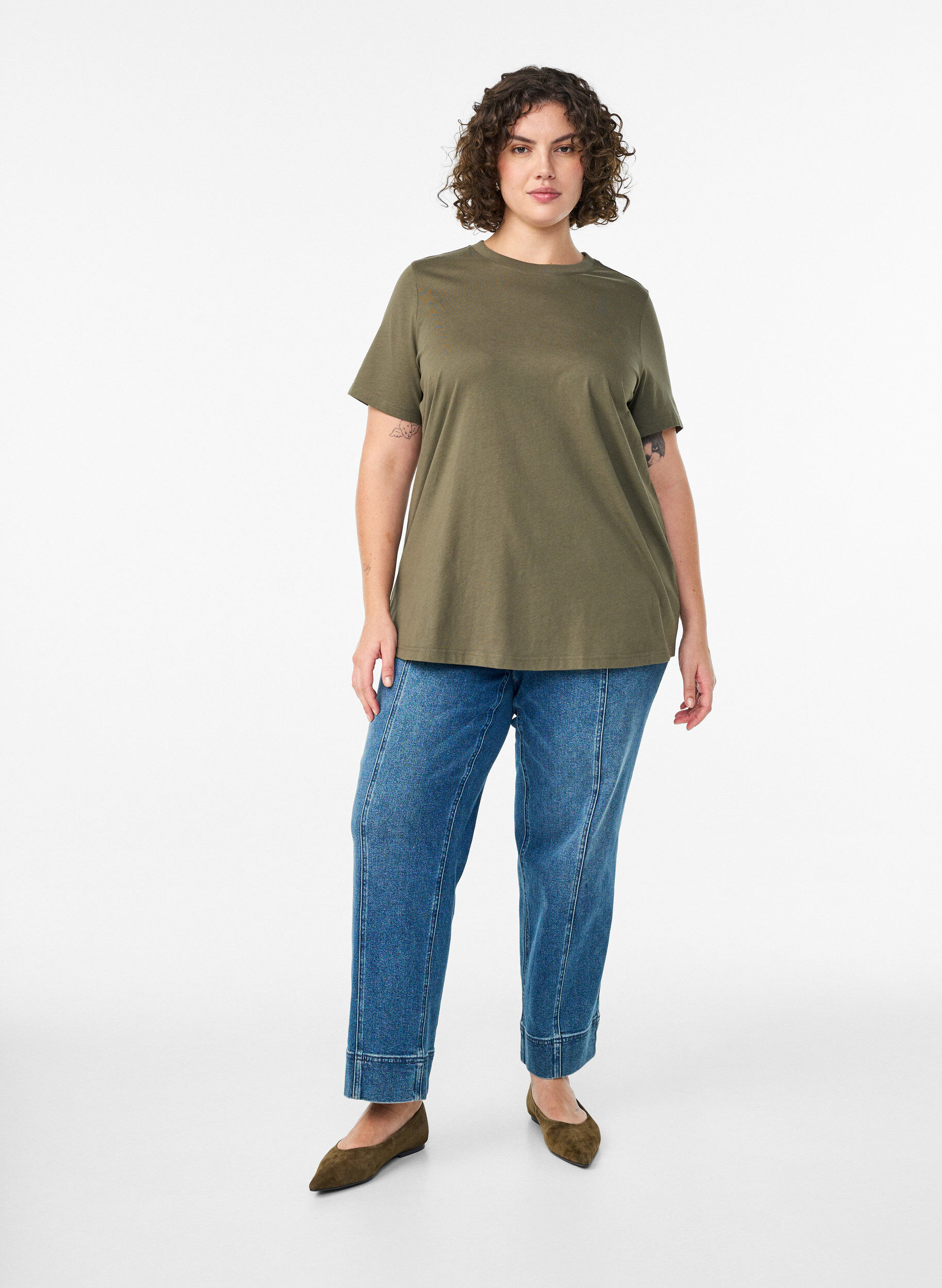 ZizziBasic katoenen T-shirt met ronde hals, Groen, Model image number 1