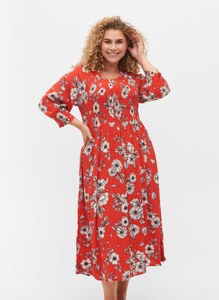 Gebloemde viscose midi-jurk met smok, Fiery Red Flower AOP, Model image number 0