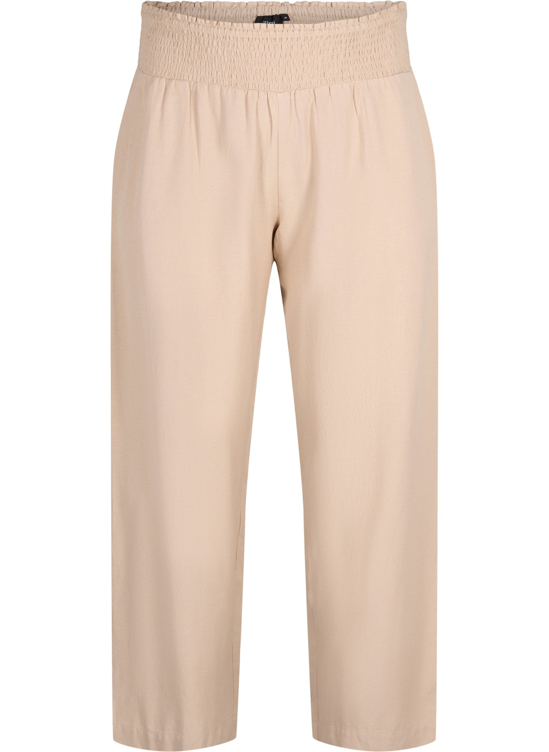 Zizzi Pantalon &agrave; smocks en lin, Beige, Packshot image number 0