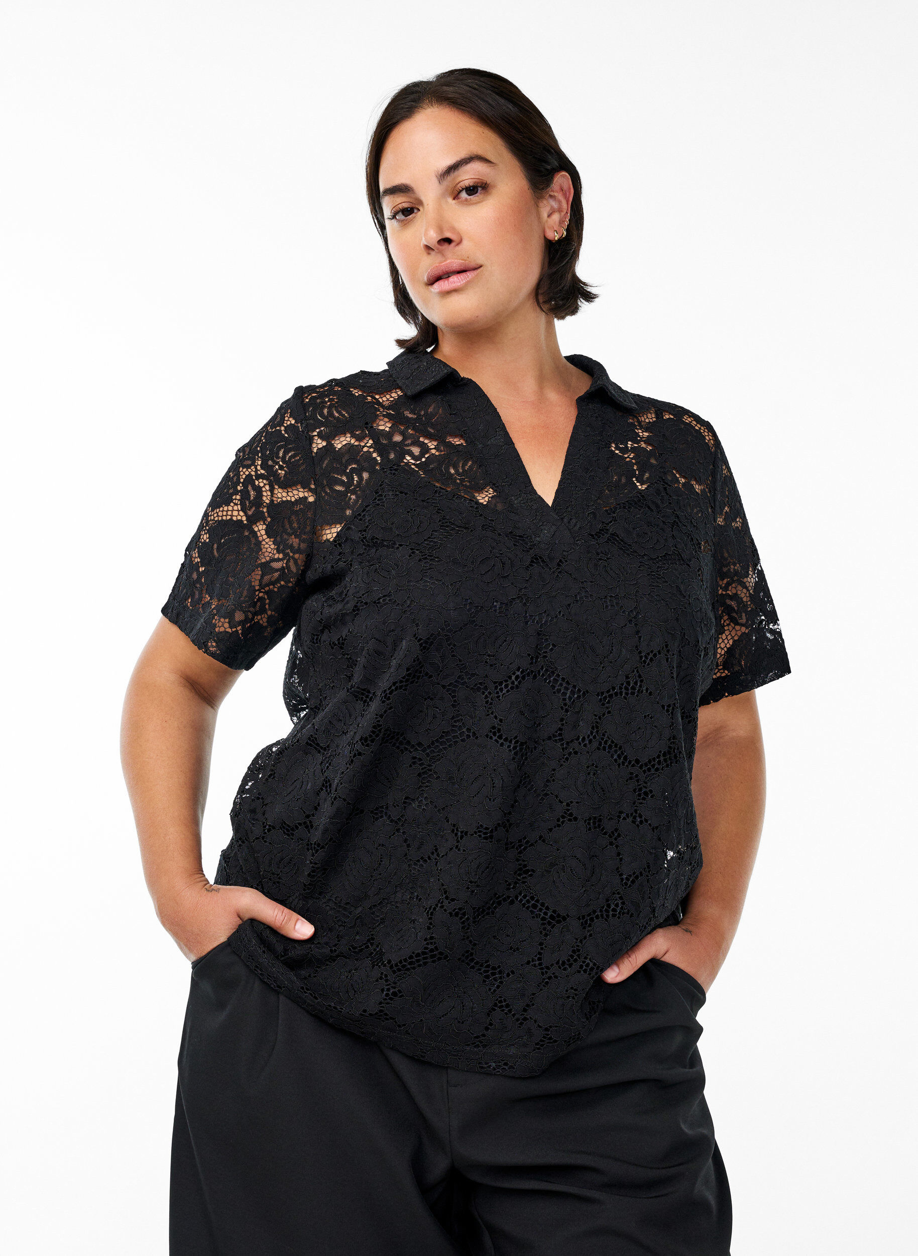 ZizziKanten blouse met een kraag en V-hals, Zwart, Model image number 0