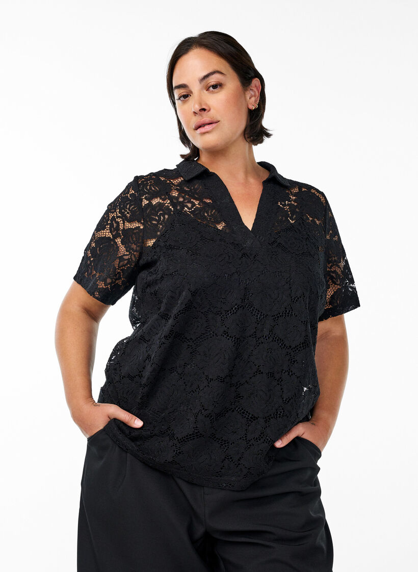 Kanten blouse met een kraag en V-hals, Zwart, Model image number 0