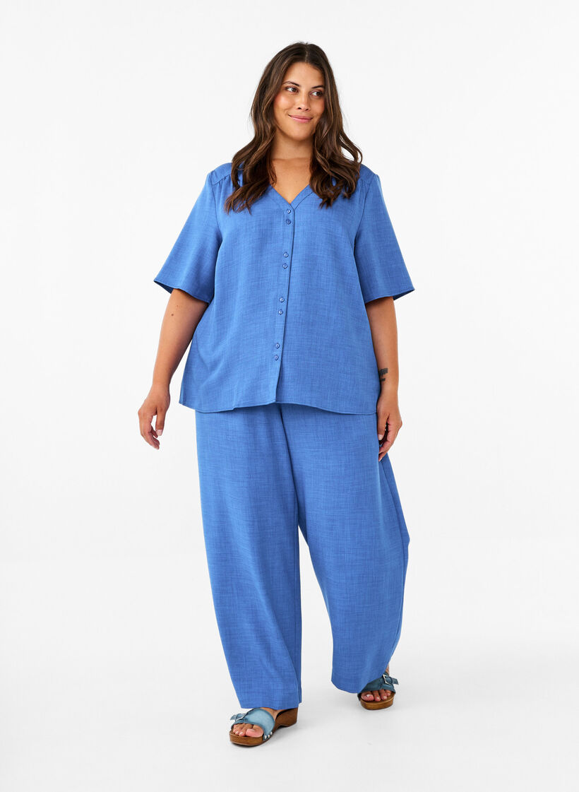 Pantalon ample avec ceinture &eacute;lastique et poches, Bleu, Model image number 0
