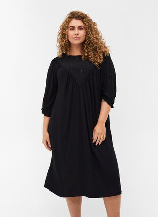 Viscose jurk met borduursel en korte mouwen, Black, Model image number 0