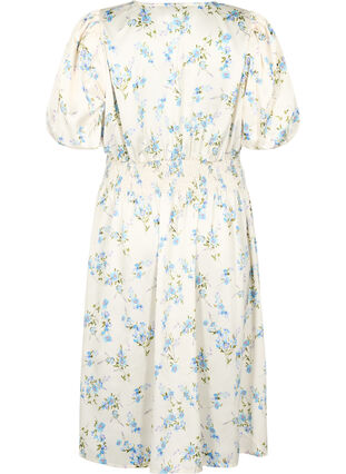 Satijnen jurk met pofmouwen en bloemenprint, Off White Blue Fl., Packshot image number 1