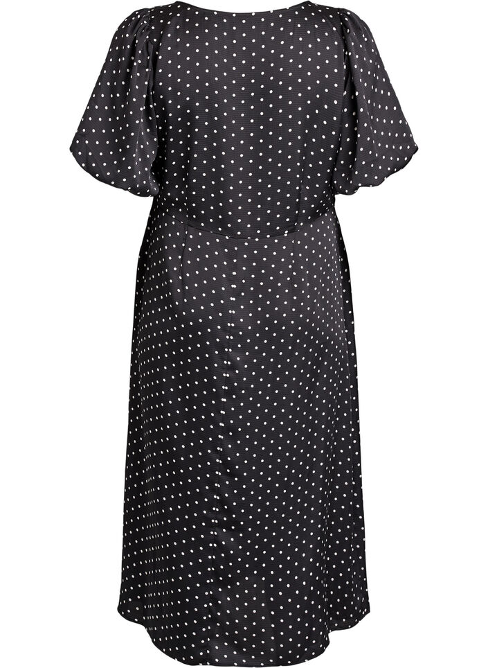 Polkadot midi-jurk met vierkante halslijn, Zwart, Packshot image number 1