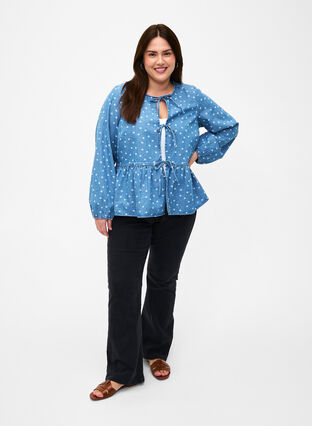 Denim peplum blouse met striksluiting, Light Blue w.Flowers, Model image number 2