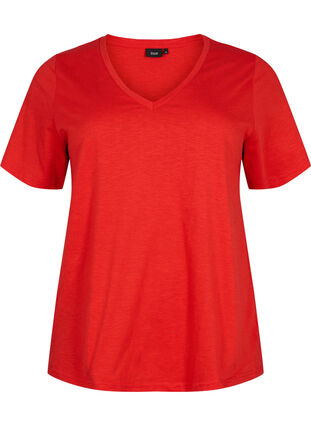 T-shirt basique à manches courtes avec col en V, Flame Scarlet, Packshot image number 0