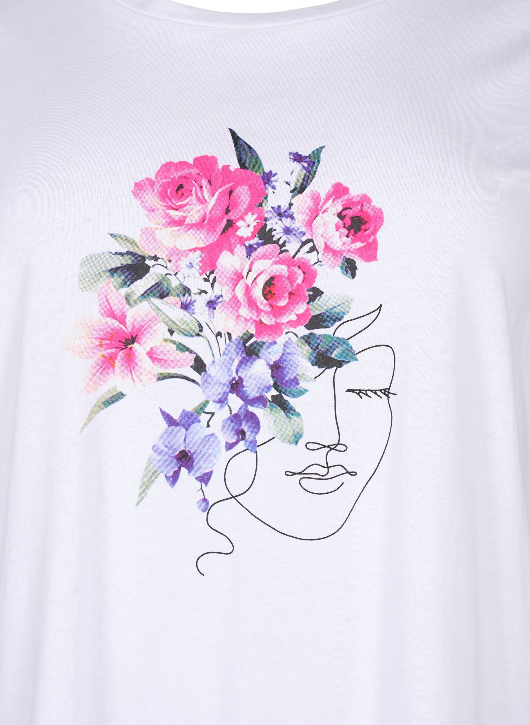 Zizzi T-shirt en coton avec motifs de fleurs et de portrait, B. White Face Flower, Packshot image number 2