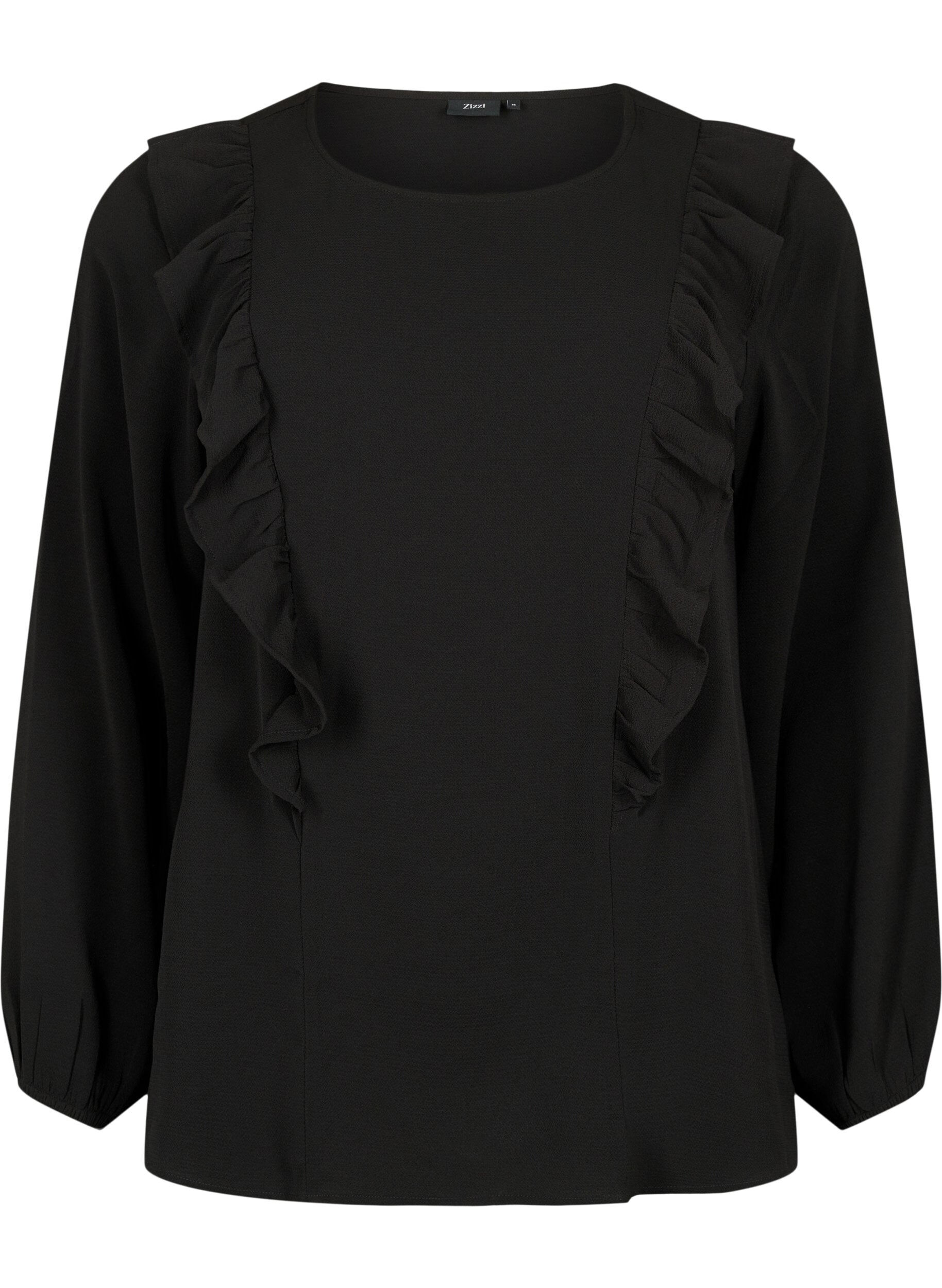 ZizziBlouse met lange mouwen en ruches, Black, Packshot image number 0