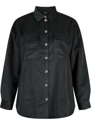 Fluwelen overhemd met lange mouwen en borstzakken, Black, Packshot image number 0
