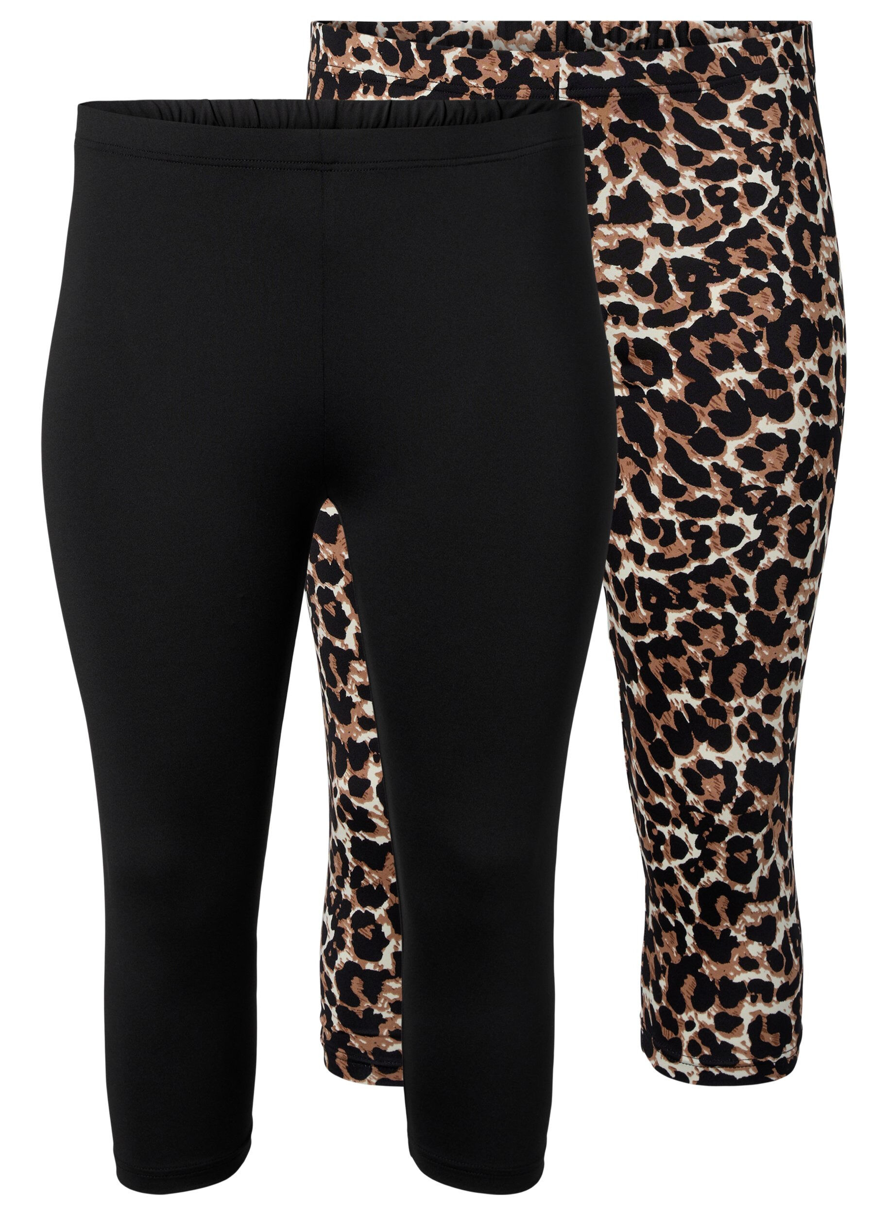 Zizzi2-pack van 3/4 leggings, Black / LEO AOP, Packshot image number 0
