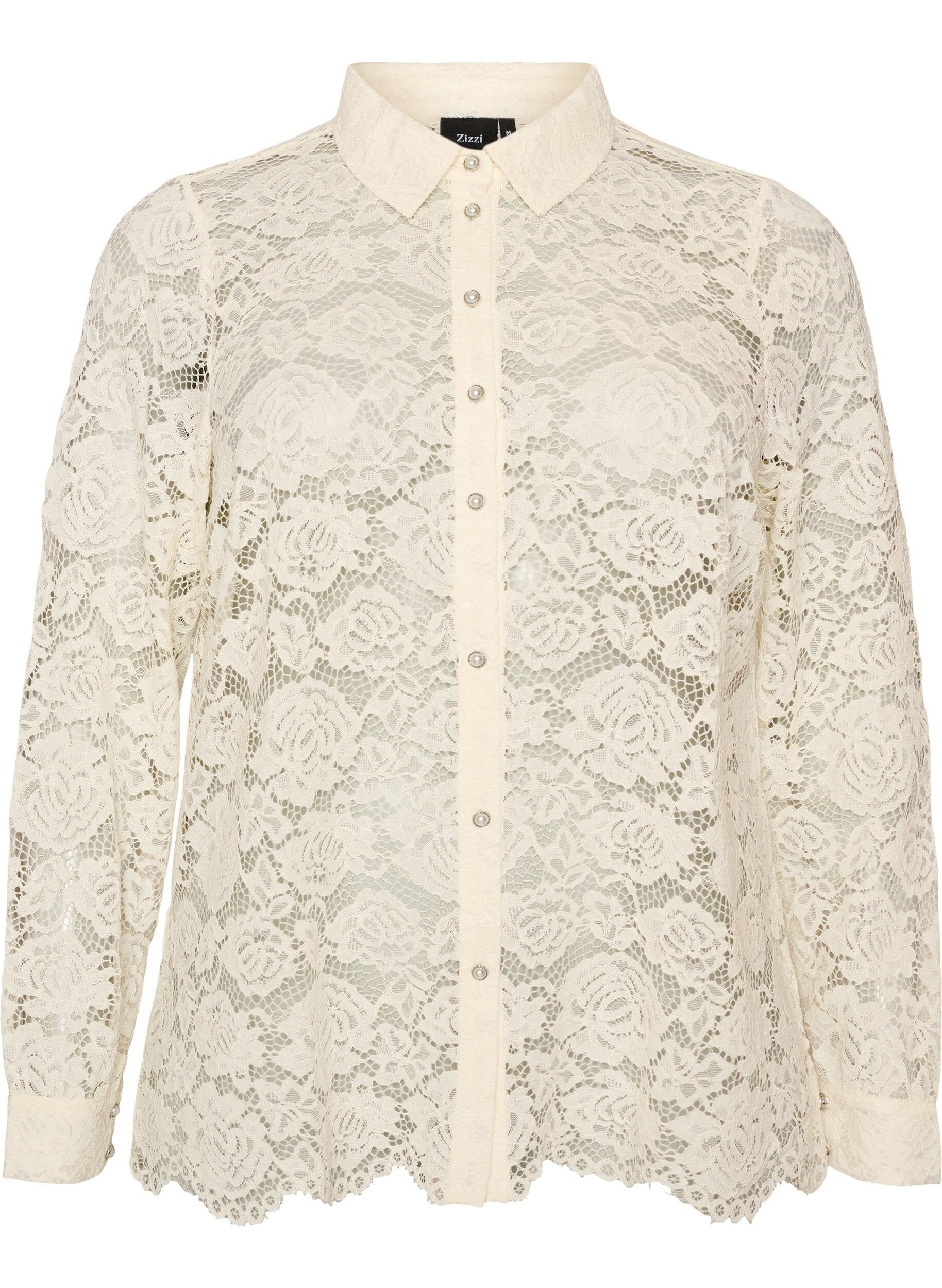 ZizziKanten shirt met parelknopen, Vanille, Packshot image number 0