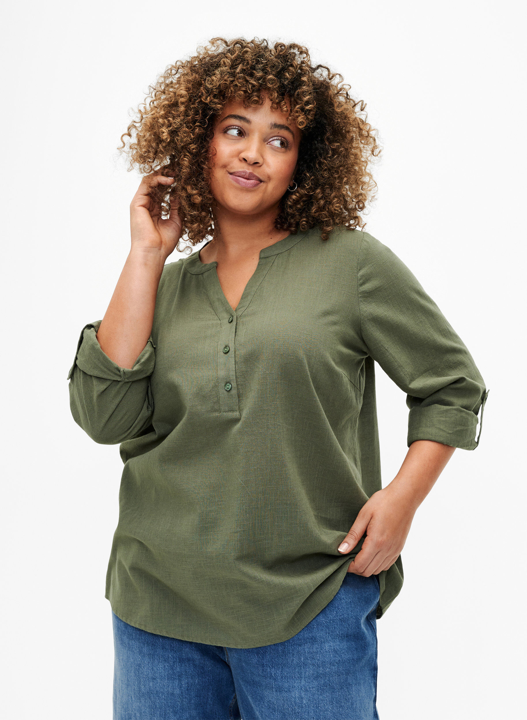 ZizziBlouse van katoen met v-hals, Thyme, Model image number 0