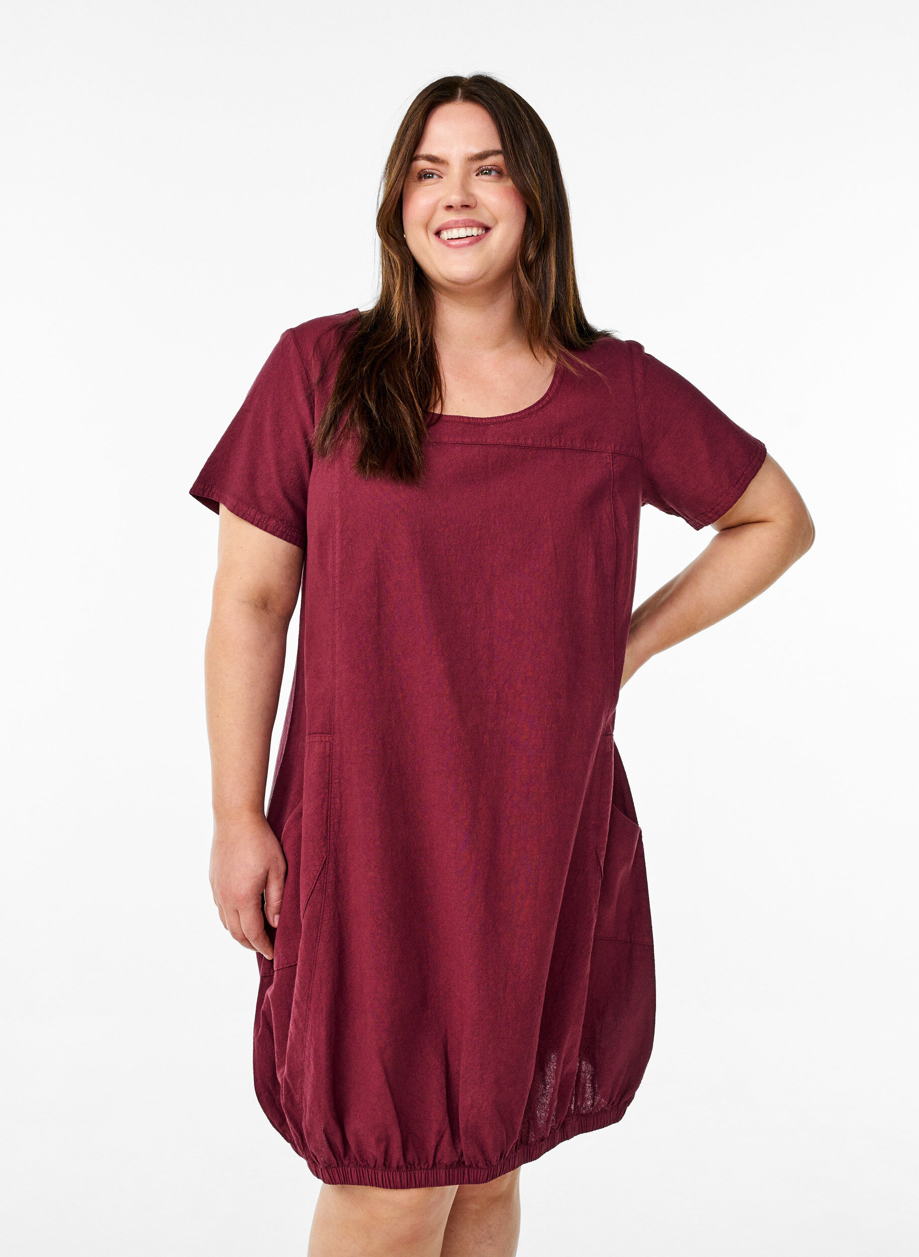 ZizziKatoenen jurk met korte mouwen, Donker Bordeaux, Model image number 0