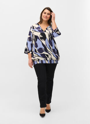 Bedrukte viscose blouse met 3/4 mouwen, Blue Abstract AOP, Model image number 3