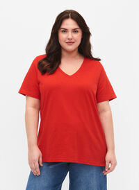 Basic t-shirt met korte mouwen en v-hals, Flame Scarlet, Model