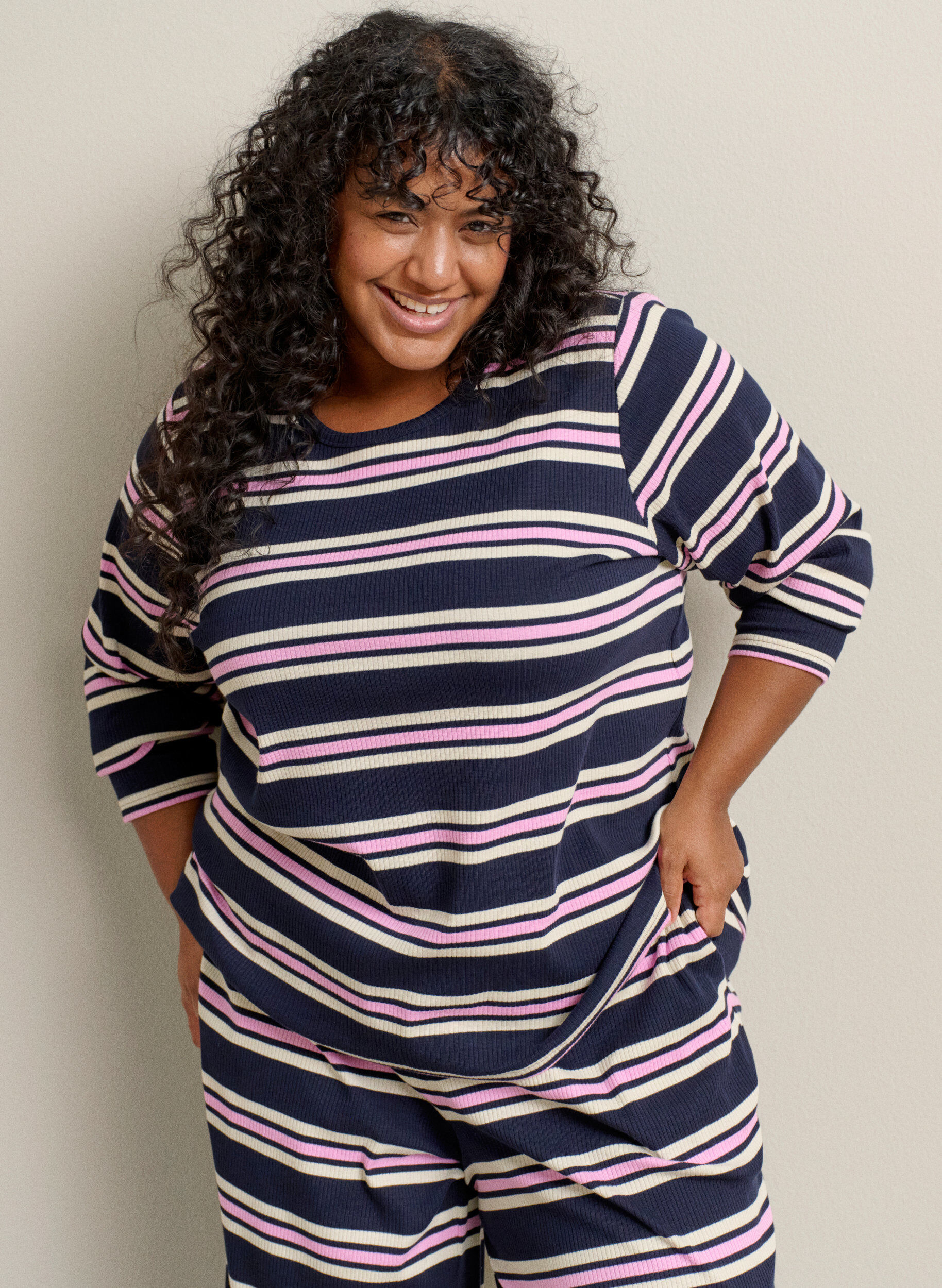 ZizziGestreepte pyjamabroek met wijde pijpen, Blauw, Image image number 0