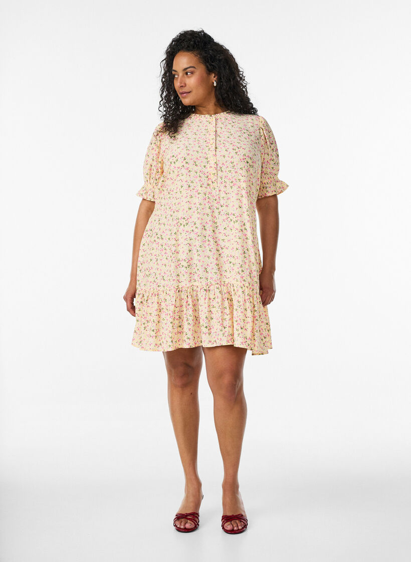Robe courte en viscose avec volants, Jaune, Model image number 1