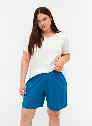Short ample en coton avec poches, Fjord Blue, Model image number 0