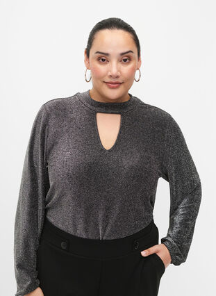 Glitter blouse met lange mouwen, ronde hals en V-detail, Black Silver, Model image number 2