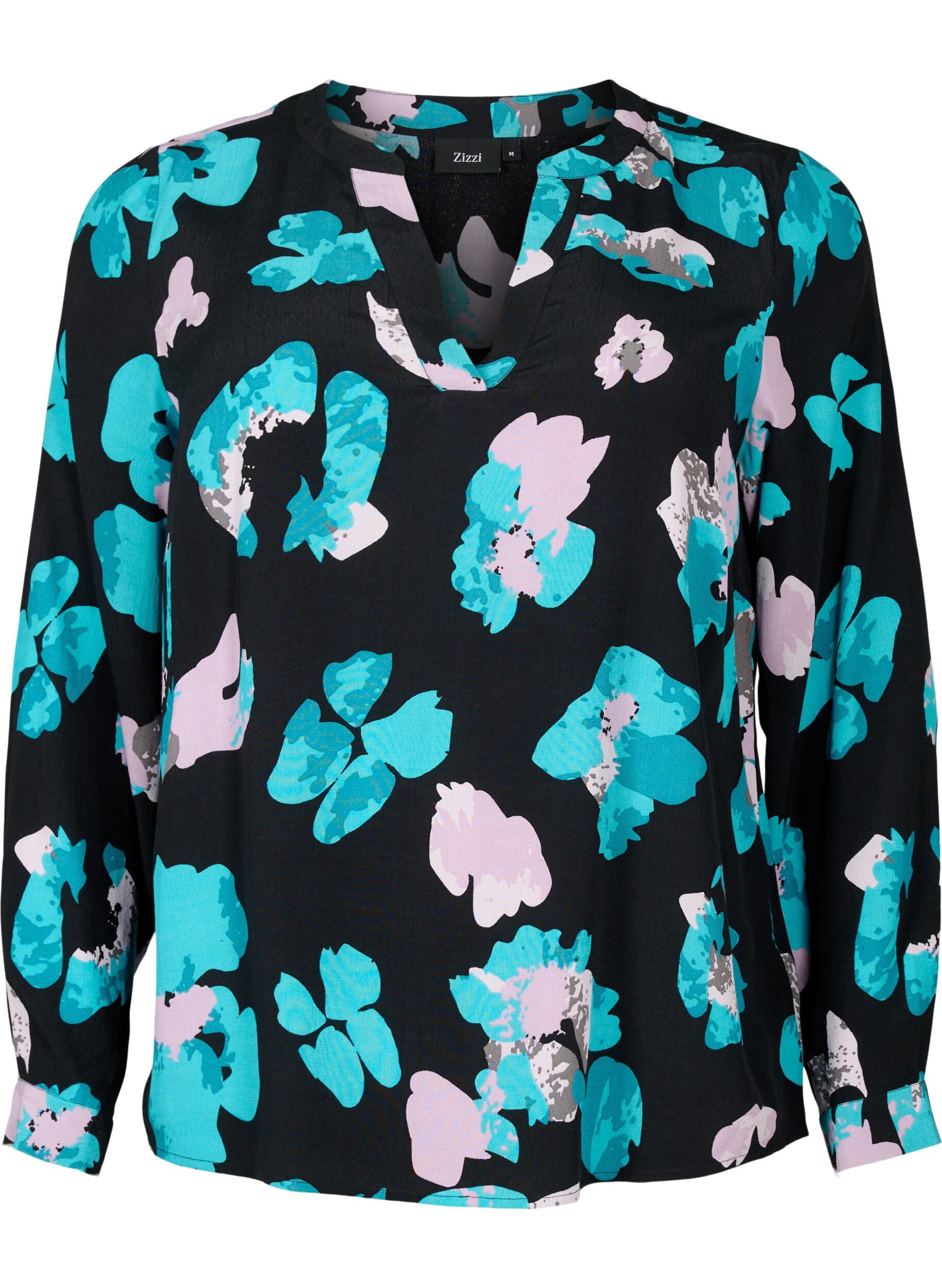 Zizzi Blouse en viscose &agrave; manches longues avec imprim&eacute;, Blue AOP, Packshot image number 0