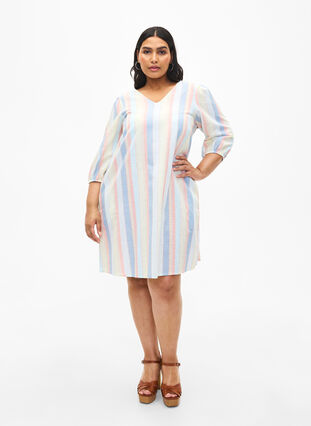 Korte jurk van katoenmix met linnen, Multi Color Stripe, Model image number 2