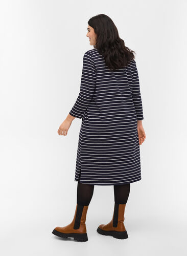Robe en coton rayé avec fente, Blue Stripe, Model image number 1