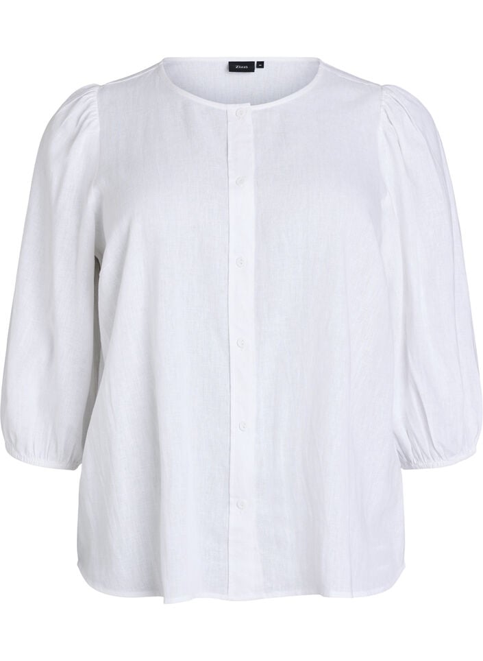 Shirtblouse in linnen en viscose met 3/4-mouwen, Wit, Packshot image number 0