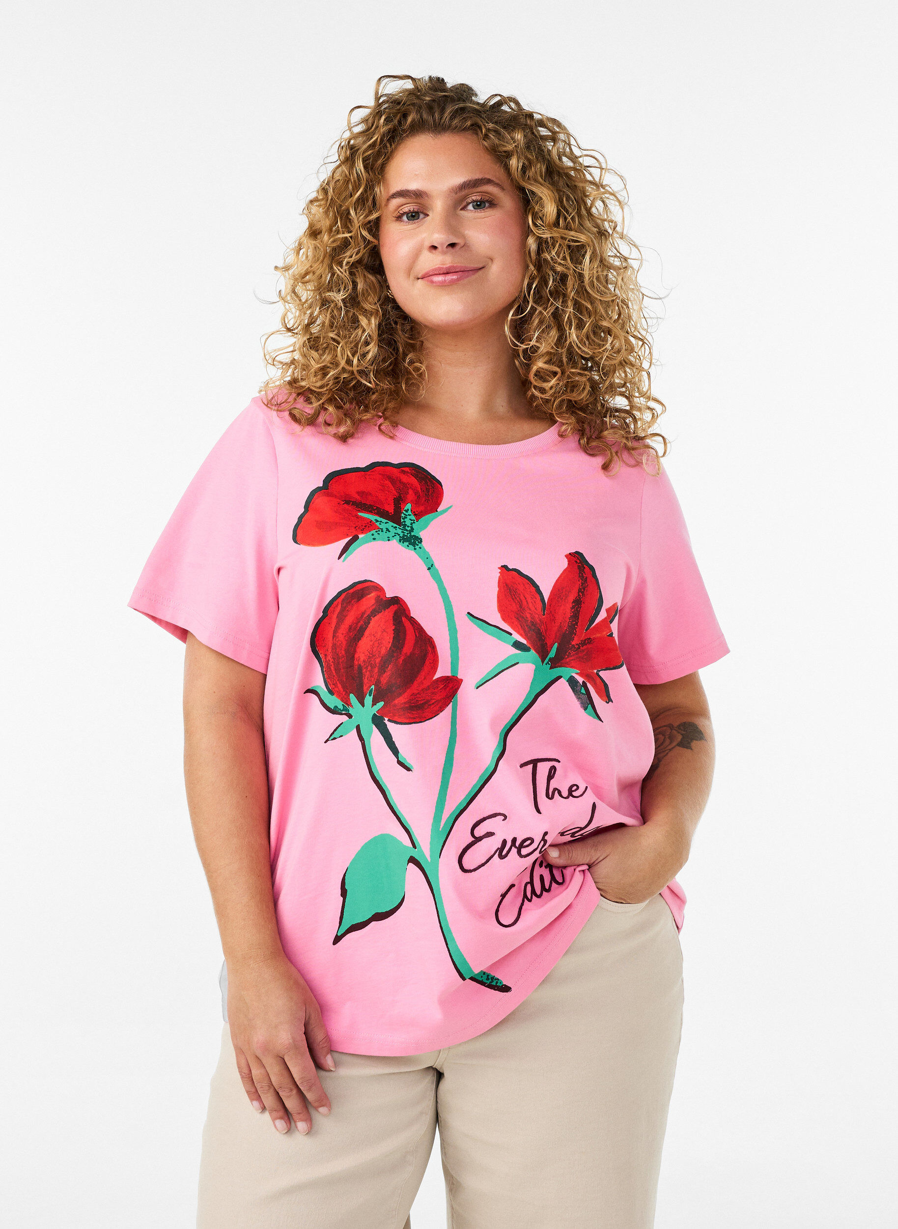 T-shirt en coton avec imprim&eacute; devant, Rose, Model